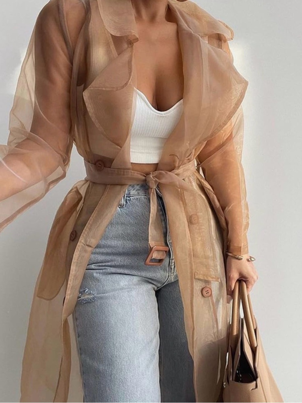 Sheer Tan Organza Trench Coat